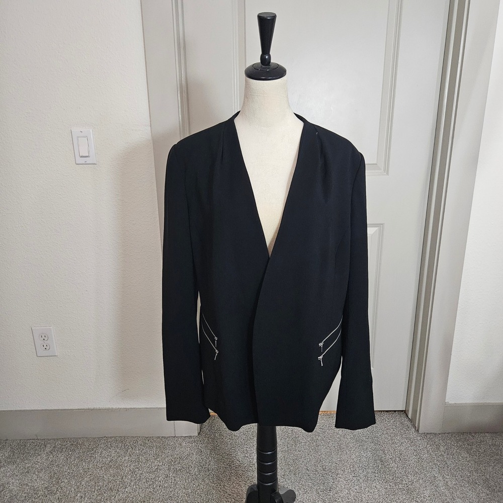 Lafayette 148 New York Womens Black Open Front Zipper Detail Blazer Jacket Sz 12